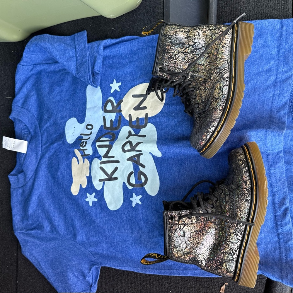 Blue Graphic T-Shirt and Metallic Boots
